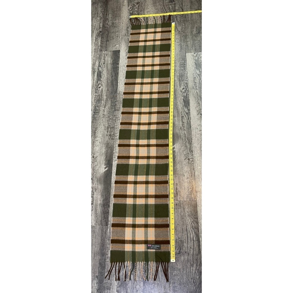 100% Cashmere Plaid Scarf Olive Green Brown Fringe Trim Cozy Luxe Old Money - Picture 4 of 5